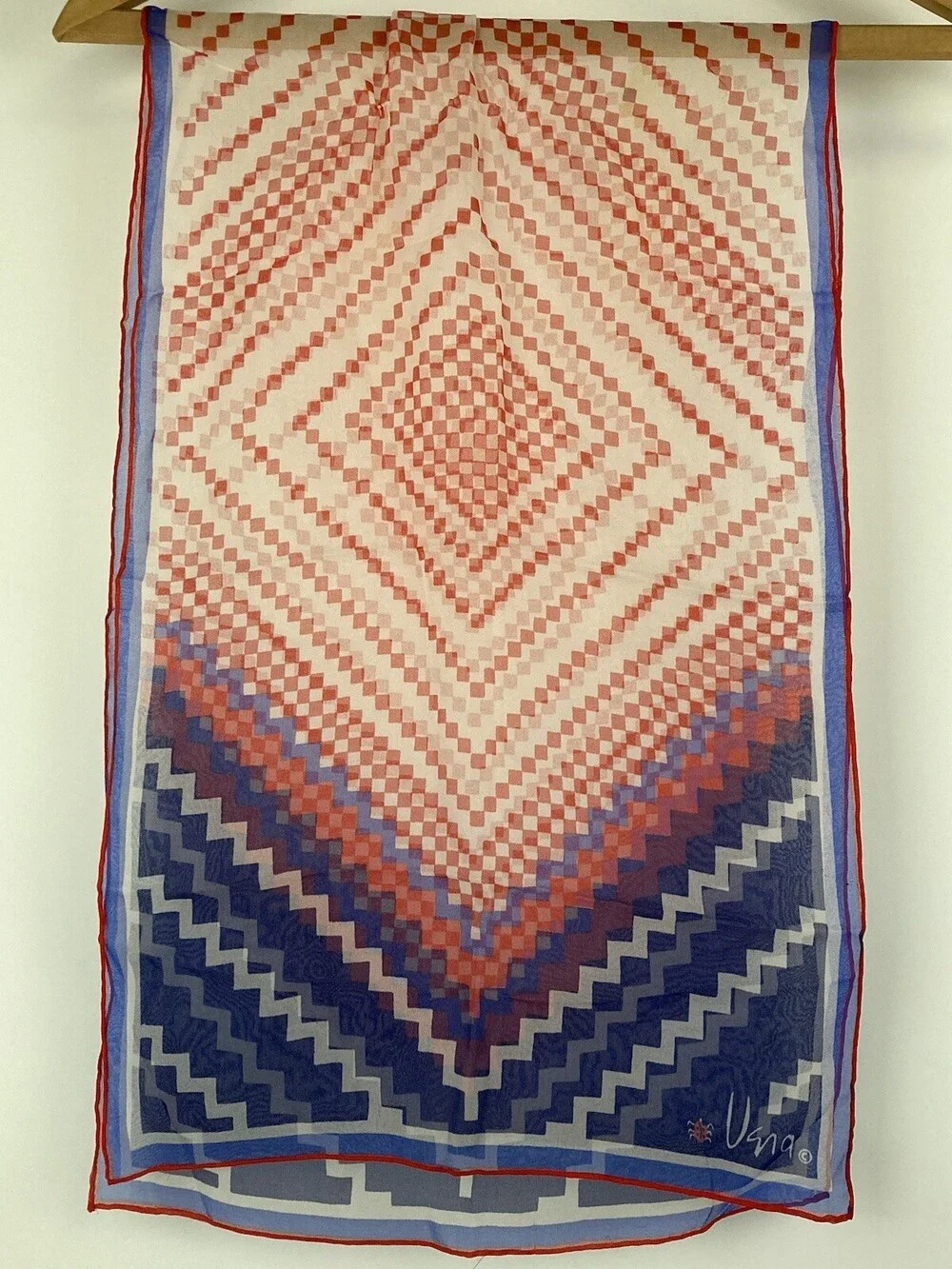 VTG Vera Neumann Ladybug Sheer Scarf Red White Blue Geometric Patriotic Zig Zag